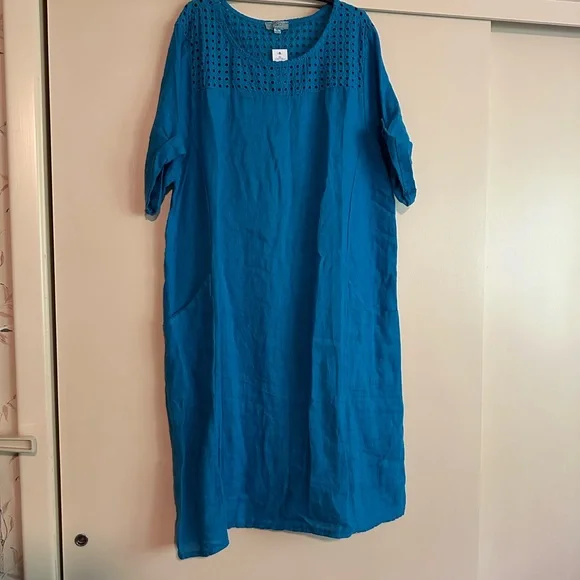 Blue Linen Dress with Eyelet Detail - Picture 1 of 5